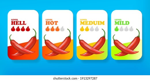 Spicy hot red chili pepper banners or stickers set with flame and rating of spicy. Vector spicy food level icon collection, mild, medium hot and hell  level of pepper sauce or snack food