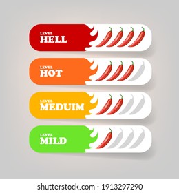 Spicy hot red chili pepper banners or stickers set with flame and rating of spicy. Vector spicy food level icon collection, mild, medium hot and hell  level of pepper sauce or snack food