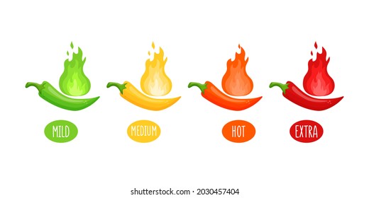 Spicy hot red chili pepper icons set with flame and rating of spicy. Vector spicy food level sticker collection, mild, medium hot and extra hot level of pepper sauce or snack food