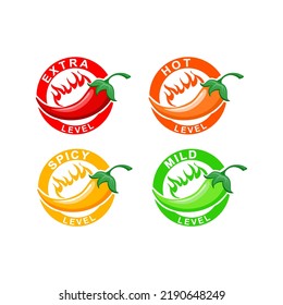 Spicy hot red chili pepper icons set with flame and rating of spicy. Vector spicy food level sticker collection, mild, medium hot and extra hot level of pepper sauce or snack food