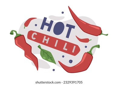 Spicy Hot Red Chili Pepper Vegetable Ingredient for Culinary with Inscription Vector Composition