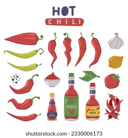 Spicy Hot Red Chili Pepper Vegetable Ingredient for Culinary and Spicy Sauce Bottle Vector Set