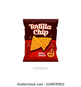 spicy hot snack tortilla chips bag plastic packaging design illustration icon for food and beverage business, potato snack branding element logo vector.