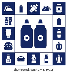 conjunto de iconos picantes. 17 iconos picantes rellenos.  Iconos modernos sencillos como: Taco, Salsas, Mayonesa, Tacos, Sauce, Shaker, Pepper, Mostaza, Botella de Ketchup, Jar