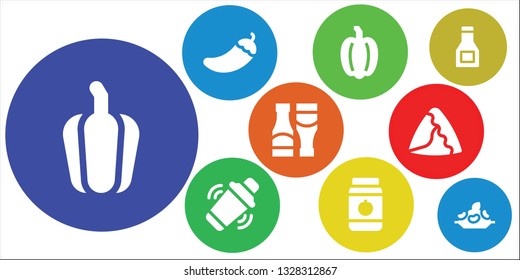 spicy icon set. 9 filled spicy icons.  Collection Of - Pepper, Shaker, Jar, Sauces, Samosa, Sauce, Rice
