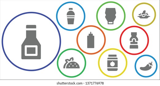 spicy icon set. 9 filled spicy icons.  Collection Of - Sauce, Shaker, Mayonnaise, Taco, Jar, Mustard, Rice, Chili