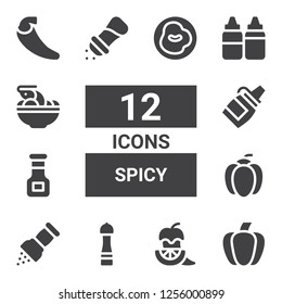 spicy icon set. Collection of 12 filled spicy icons included Paprika, Pepper, Sauce, Sauces, Tom yum, Chili