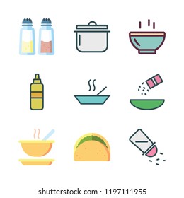 spicy icon set. vector set about taco, mustard, soup and salt icons set.