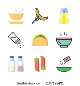 spicy icon set. vector set about chilli, seasoning, salt and soup icons set.