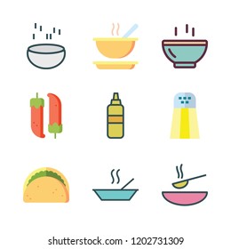 spicy icon set. vector set about salt shaker, chilli, taco and soup icons set.