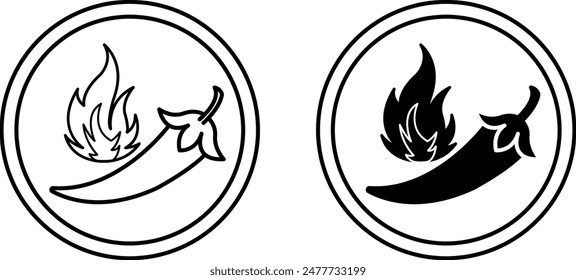 Spicy icons. Black and White Vector Icons of Chili Pepper and Fire. Spicy Food or Sauce. Label for Packaging Spicy Foods