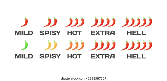 Spicy icons mild, spicy, hot, extra, hell. Flat, red, hot pepper mild, spicy, hot, extra, hell. Vector icons