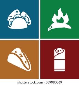 spicy icons set. Set of 4 spicy filled icons such as chili, taco