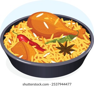 Pimenta indiana galinha Biryani Bowl Vetor Art. Comida popular asiática de rua 