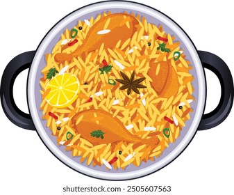 Spicy Indian Chicken Biryani Pot Top View Illustration. Chicken Legs, Lemon, Star Anise, Black Pepper, Green Chilies and Parsley Between Colorful Rice in Modern Black Pot 