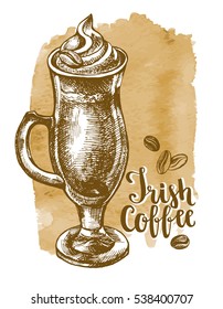 Spicy Irish coffee in a glass with cream. Template for cards, signboard, posters, flyers, menu. Hand-drawn vector illustration.