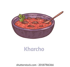 Spicy kharcho soup of Caucasian Georgian cuisine, hand drawn sketch vector illustration isolated on white background. Georgian traditional soup with meat and vegetables.