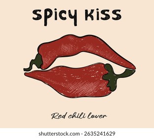 Spicy kiss t shirt print design. Hot lip kiss chili. Hot chili design for t shirt print, poster, sticker, background and other uses.
