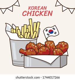 Spicy Korean Fried Chicken Meal Set: Crispy Wingstick Korea Red Hot Sauce With Potato Fries. Traditional Food Icon Vector Illustration Flat Design Drawing.