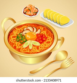 Spicy korean kimchi ramen set (Ramyun, Ramyeon noodles) in golden hot pot recipe illustration vector.