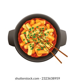 Spicy korean rice cakes Tteokbokki. Stir-fried asian regional food recipe. Vector illustration hand drawn anime style. Korean rice cake in a frying pan. Hot red chili sauce. Detailed drawing top view.