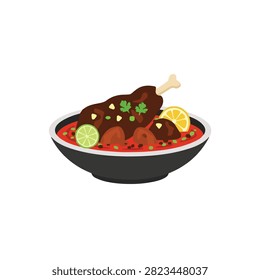 Spicy Lamb Shank Meat Stew Curry Bowl with Lime and Lemon Garnish Illustration Isolated on White