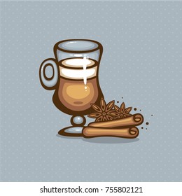 Spicy Latte. Vector illustration. Coffee cup with anise and cinnamon. Menu and logo design.