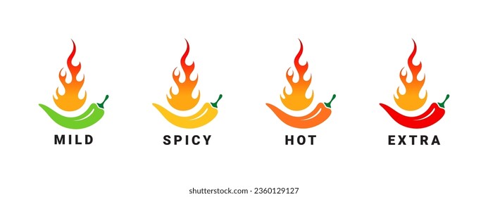 Spicy level badges. Hot natural chili pepper symbols. Spicy and hot. Vector scalable graphics