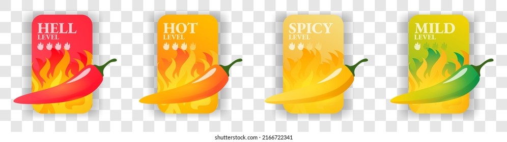 Spicy level Hot chili pepper icons set with flame and rating Mild, medium hot and extra hot level of pepper sauce or snack food Chile habanero and jalapeno level Vector spicy food illustration