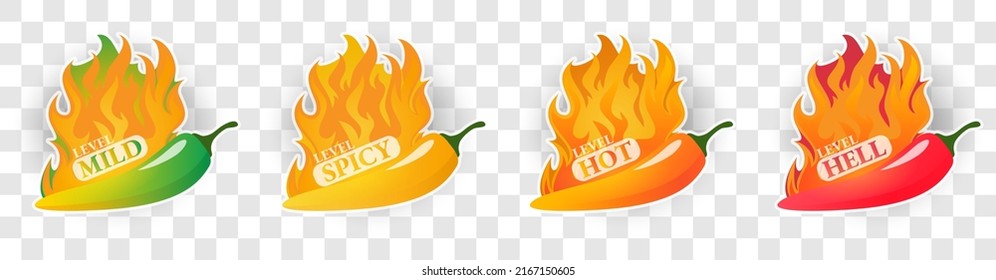 Spicy level Hot chili pepper icons set with flame and rating Mild, medium hot and extra hot level of pepper sauce or snack food Chile habanero and jalapeno level Vector spicy food illustration