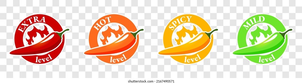 Niveles picantes Iconos de pimiento picante con llama y calificación Leve, medio caliente y extra nivel de salsa de pimienta o comida de picar Chile habanero y jalapeno Nivel Vector de la ilustración de comida picante