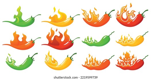 Spicy level. Hot chili pepper icons set with flame and color rating of mild, medium hot and extra hot. Level of pepper sauce or snack food