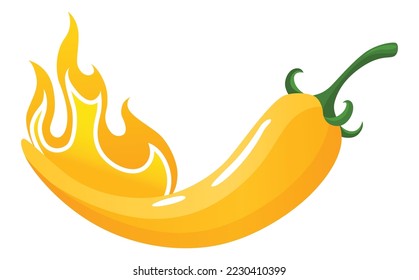 Spicy level. Hot chili pepper icon with flame and color rating of medium. Yellow level of pepper sauce or snack food