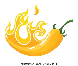 Spicy level. Hot chili pepper icon with flame and color rating of medium. Yellow level of pepper sauce or snack food