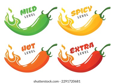 Spicy level. Hot chili pepper icons set with flame and color rating of mild, medium hot and extra hot. Level of pepper sauce or snack food