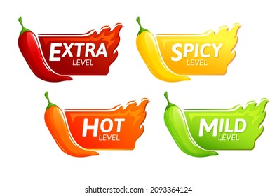 Spicy level hot chili red pepper, cayenne, jalapeno icons with fire flames. Vector spicy food level emblems collection, extra, spicy, hot and mild strength of sauce or snack food isolated set