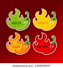 Spicy level hot chili red pepper, cayenne, jalapeno icons with fire flames. Vector spicy food level emblems collection, extra, spicy, hot and mild strength of sauce or snack food isolated set