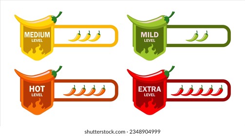 Spicy level hot chili red pepper, cayenne, jalapeno icons with fire flames. Vector spicy food level emblems collection, extra, spicy, hot and mild strength of sauce or snack food isolated set