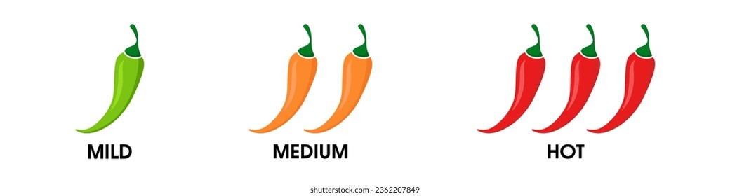 Spicy level icon set. Hot chili pepper icons set. Rating of pepper sauce. Vector illustration.