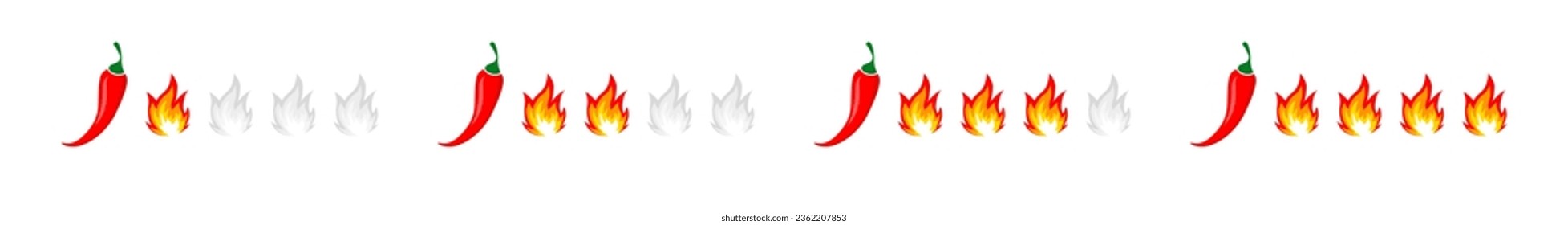 Conjunto de iconos de nivel picante. Iconos de pimienta picante encendidos con llama. Calificación de salsa de pimienta. Ilustración vectorial.