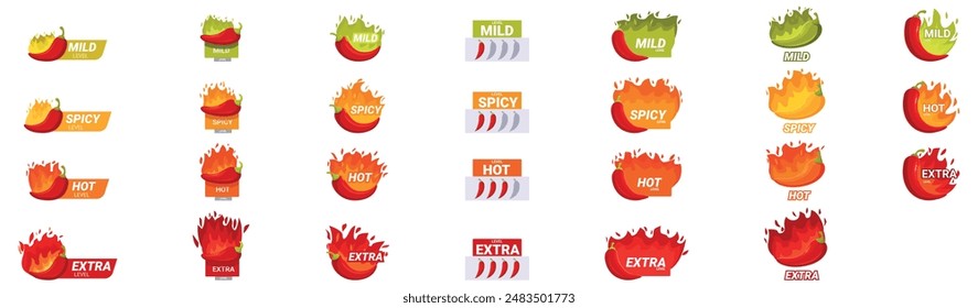 Spicy level icons set. Chili pepper scale showing different levels of spiciness, from mild to extra hot, for food packaging design