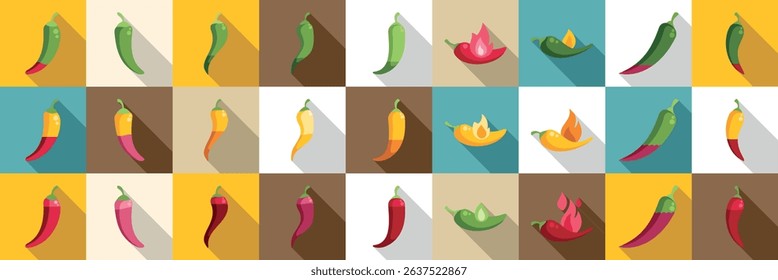  Spicy level icons set. Colorful chili peppers arranged in a grid, showcasing various stages of ripeness and spiciness levels
