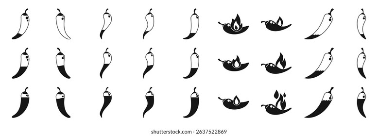  Spicy level icons set. Different chili pepper icons representing increasing levels of spiciness, culminating in a burning sensation