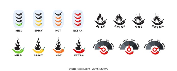 Spicy level icons set. Hot natural chili pepper symbols. Spicy and hot. Vector scalable graphics
