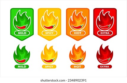 Spicy level label of pepper with fire flame. Icons of spicy food level, soft, medium, and very hot pepper sauce with fire flame. Hot pepper sign.