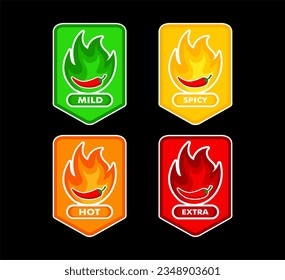 Spicy level label of pepper with fire flame. Icons of spicy food level, soft, medium, and very hot pepper sauce with fire flame. Hot pepper sign. isolated on dark black background