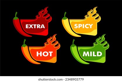 Spicy level label of pepper with fire flame. Icons of spicy food level, soft, medium, and very hot pepper sauce with fire flame. Hot pepper sign. isolated on dark black background