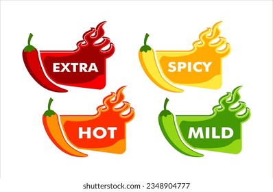 Spicy level label of pepper with fire flame. Icons of spicy food level, soft, medium, and very hot pepper sauce with fire flame. Hot pepper sign.