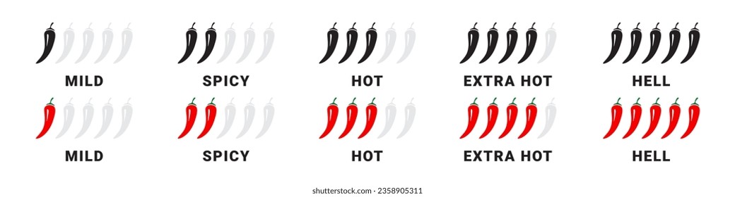 Spicy level labels. Chili spicy meter. Red spicy chili peppers. Spicy and hot. Vector illustration