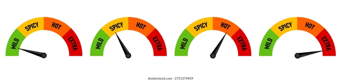 Spicy level labels. Chili spicy meter. Red spicy chili peppers. Spicy and hot. Vector illustration